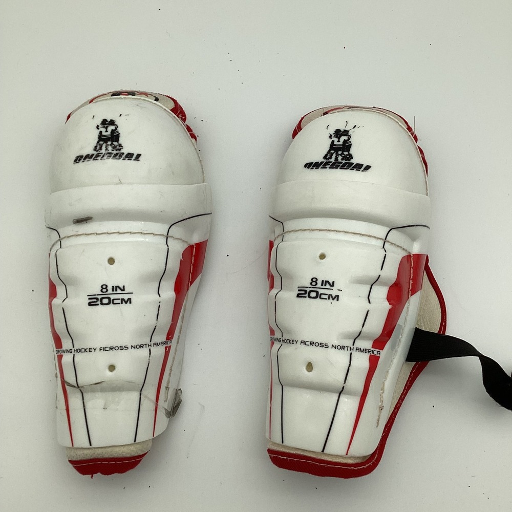 OneGoal 8" White Red Ice Hockey Shin Guards Youth Junior Protective Gear Pads